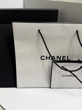 CHANEL- Set of 3 White & Black Shopping Bags And One  Box With Tissue Paper